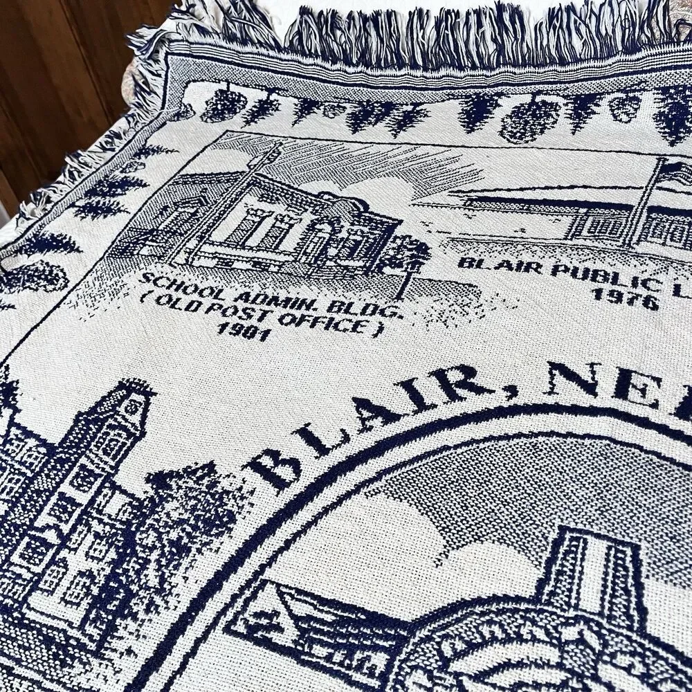 Vintage Blair Nebraska Tapestry Throw Blanket Blue & White Approx 60x48